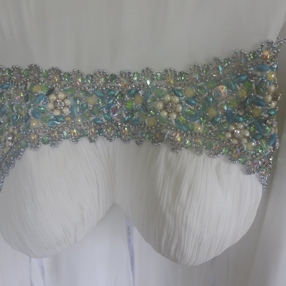 White Sherri Hill Jewel Encrusted Gown teal silver - Picture 14 of 15